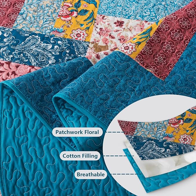 BEDIFANY Cotton King Quilt Set - Modern Farmhouse Bedspread with Vibrant Floral Pattern, 3-Piece Lightweight Coverlet (98x106 Inch) + 2 Pillow Shams, All Seasons Multicolor Quilt Bedding Set