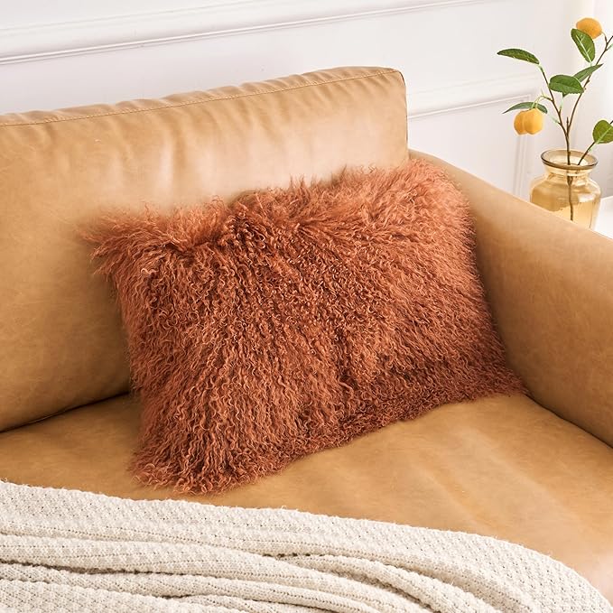 Genuine Mongolian Lamb Fur Pillow Cover – 12"x20" Rectangular Cushion Case – Soft Curly Wool Decorative Accent for Sofa, Bed, or Chair (Warm Terracotta)