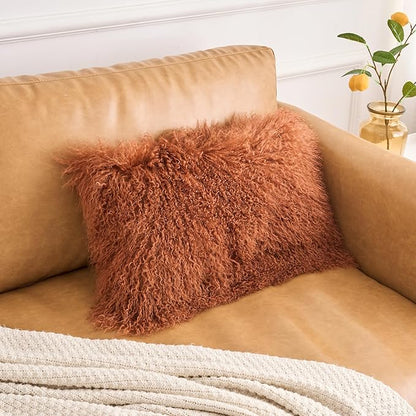 Genuine Mongolian Lamb Fur Pillow Cover – 12"x20" Rectangular Cushion Case – Soft Curly Wool Decorative Accent for Sofa, Bed, or Chair (Warm Terracotta)