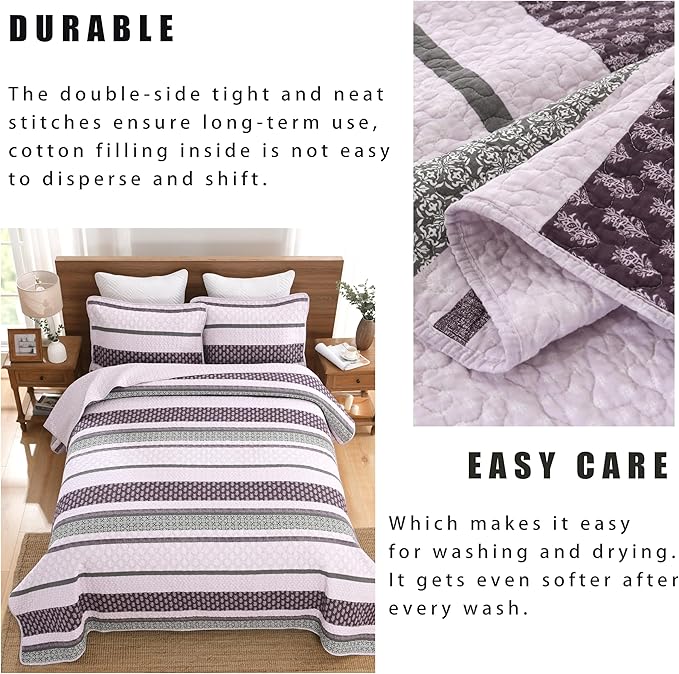 Homzard Quilts Queen Size, Cotton Comforter Set, Purple and Grey Queen Bed Set,Lightweight Striped Bedding, Farmhouse Bedspread All Season 3 Pieces