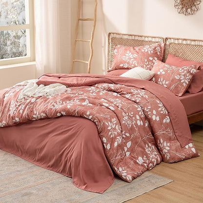 Bedsure Dusty Pink Queen Comforter Set - 7 Pieces Floral Bedding Sets, Queen Bed in a Bag with Reversible Botanical Flowers Comforter, Sheets, Pillowcases & Shams