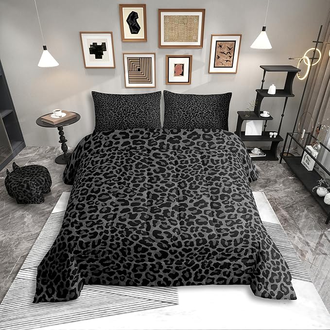 Erosebridal Cheetah Print King Size Comforter Set for Adult Women 3 Pieces Leopard Print Bedding Set for All Seasons African Animal Wildlife Cheetah Bed Set for Grils Room Decor,Modern Black Gray