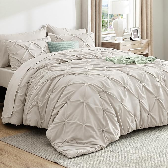 Bedsure California King Comforter Set Linen - Bed in a Bag Cal King 7 Pieces, GentleSoft™ Pintuck Bed Set Gift for Family, Pinch Pleat All Season Comforter with Sheets, Pillowcases & Shams