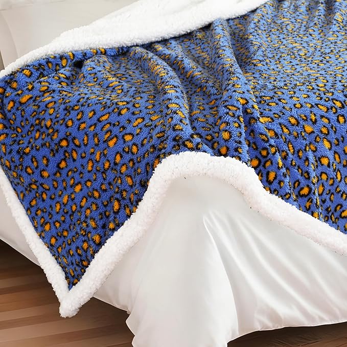 Electric Heated Blanket Throw Size 50"×60" with 9 Heating Levels & 1-10 Hs auto Off, Heating Throw Double Sided Sherpa, Energy Efficient, Machine Washable, Leopard Print Blue & Yellow