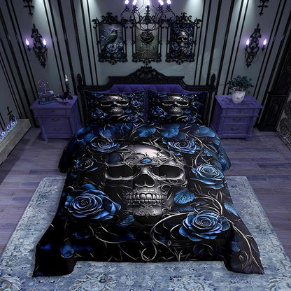 Erosebridal Adults Gothic Comforter Set Bohemian Boho Goth Queen Bedding Sets Vintage Horror Skull Bed Sets Blue Rose Baroque Victorian Romantic Rose Duvet Insert,Halloween Gothic Bedroom Decor