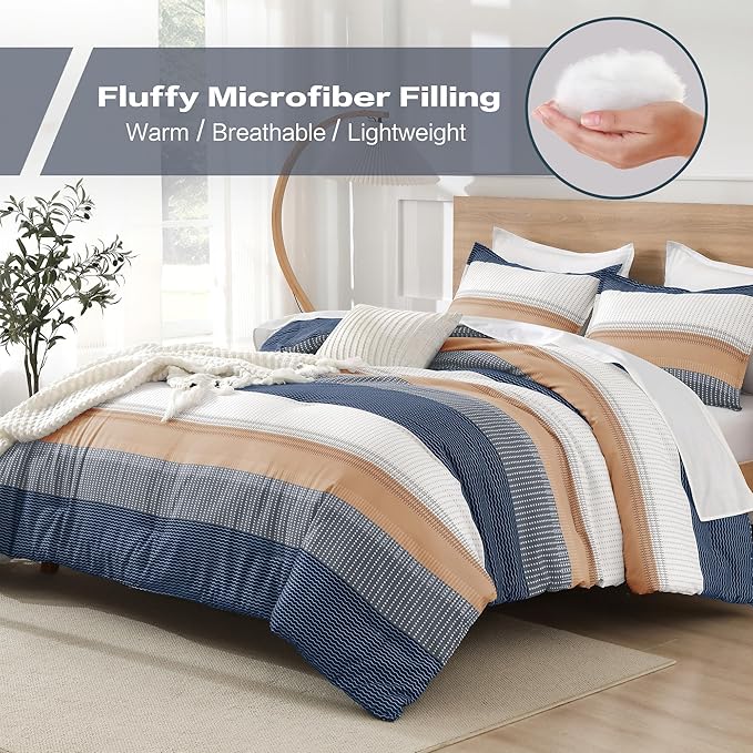 Litanika Comforter Set Full Size Blue Orange - 3 Pieces Lightweight Colorblock Stripe Fluffy Bedding Comforter Sets, All Season Bed Set
