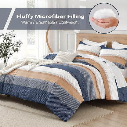 Litanika Comforter Set Full Size Blue Orange - 3 Pieces Lightweight Colorblock Stripe Fluffy Bedding Comforter Sets, All Season Bed Set