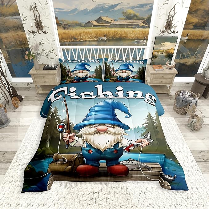 Erosebridal Fishing Gnome King Comforter Set,Fisherman and Fish Bedding Sets for Kids Boys Men,Fishing Lake House Quilt Bed Set,Rustic Country Gnomes Bedroom Decor,2 Pillowcases Breathable