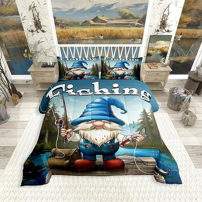 Erosebridal Fishing Gnome King Comforter Set,Fisherman and Fish Bedding Sets for Kids Boys Men,Fishing Lake House Quilt Bed Set,Rustic Country Gnomes Bedroom Decor,2 Pillowcases Breathable