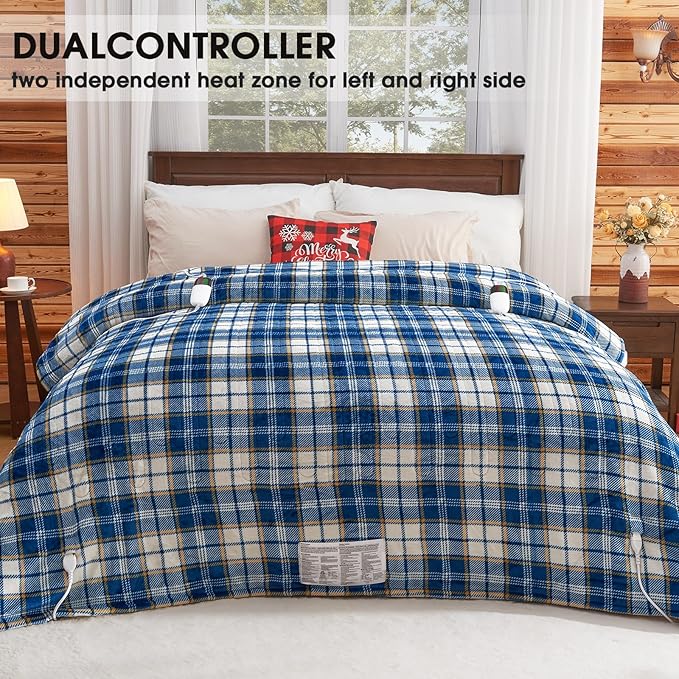 Heated Electric Blanket Queen Size, 84X90 Heating Blanket Queen with Dual Control&10 Heats Levels&Timer for Bed,Blue Plaid Sherpa Soft Blankets Warmer Gift for Grandma Women Adults, Washable