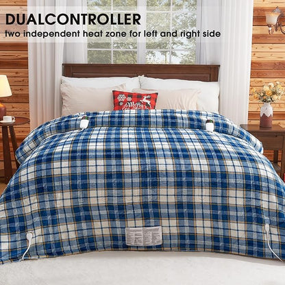 Heated Electric Blanket Queen Size, 84X90 Heating Blanket Queen with Dual Control&10 Heats Levels&Timer for Bed,Blue Plaid Sherpa Soft Blankets Warmer Gift for Grandma Women Adults, Washable