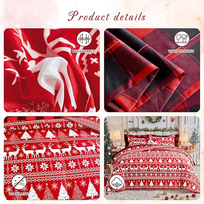 Christmas Red Bed in a Bag 6 Pcs Twin Size, Elk Deer Xmas Tree and Snowflake Pattern Bedding Comforter Set Warm for Winter(1 Comforter, 1 Flat Sheet, 1 Fitted Sheet, 2 Pillow Shams, 1 Pillowcase)