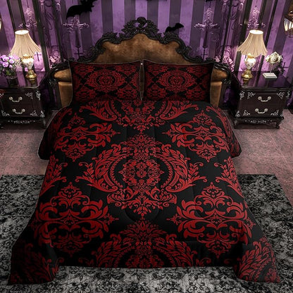 Feelyou Adults Red Vintage Damask Floral Comforter Set Oriental Antique Comforter Queen Size Gothic Bohemia Boho Flower Bedding Set Bohemian Exotic Duvet Set Quilt Set 3Pcs