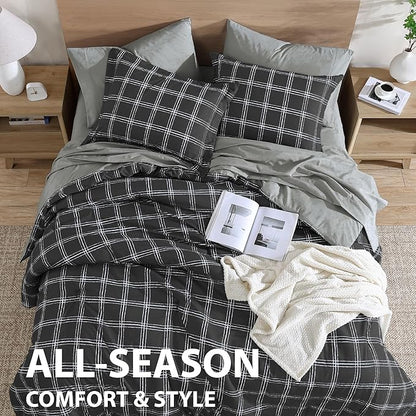 Cathay Home Basic Bedding Home Essential Ultra Soft Lightweight 5PC Wrinkle Resistant Microfiber Bed in a Bag Set (Includes Complete Sheet Set & Comforter Set) - Black Plaid, Twin
