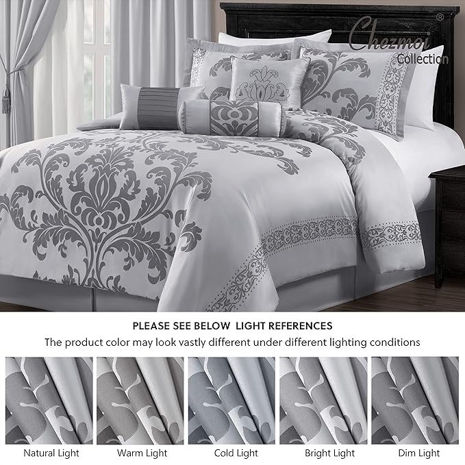 Chezmoi Collection Royale 7-Piece Jacquard Floral Comforter Set, Oversized Queen, Silver/Gray