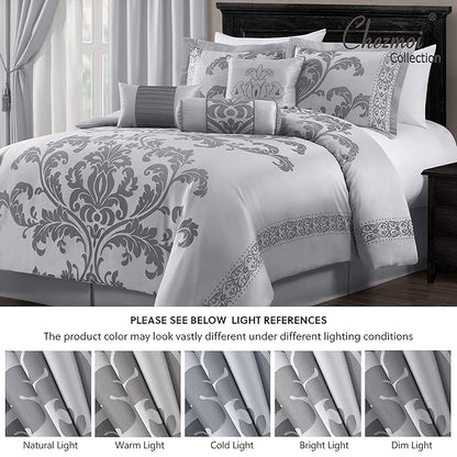 Chezmoi Collection Royale 7-Piece Jacquard Floral Comforter Set, Oversized King, Silver/Gray