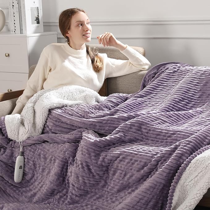 Electric Blanket Full Heated Blanket Full Size - Striped Flannel & Thick Sherpa, 5 Heat Settings & 10 Hour Auto Off with FCC/ETL Certified, Overheat Protection & Machine Washable, Lavender 72"x84"
