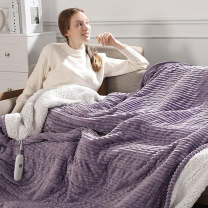 Electric Blanket Full Heated Blanket Full Size - Striped Flannel & Thick Sherpa, 5 Heat Settings & 10 Hour Auto Off with FCC/ETL Certified, Overheat Protection & Machine Washable, Lavender 72"x84"