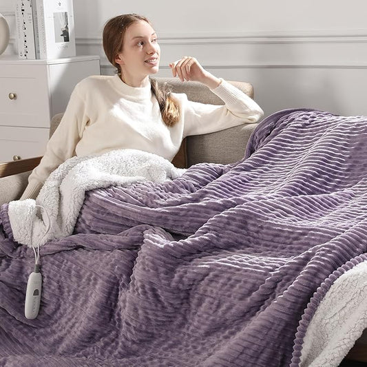 Electric Blanket Full Heated Blanket Full Size - Striped Flannel & Thick Sherpa, 5 Heat Settings & 10 Hour Auto Off with FCC/ETL Certified, Overheat Protection & Machine Washable, Lavender 72"x84"