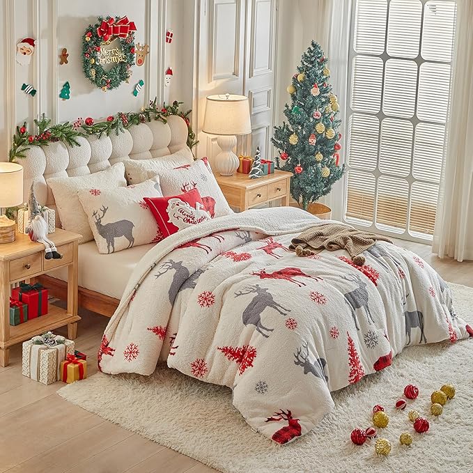 Christmas Sherpa Comforter Set Queen Size 3 Pieces Holiday Winter Bedding Microfiber Warm Fleece Comforter with 2 Pillow Shams - Thanksgiving New Year Gift Choice with Red Snowflake Gray Xmas Deer