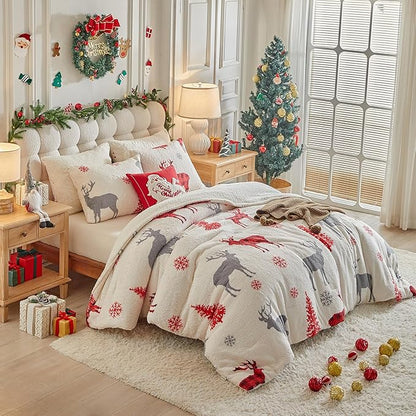 Christmas Sherpa Comforter Set Twin Size 3 Pieces Holiday Winter Bedding Microfiber Warm Fleece Comforter with 2 Pillow Shams - Thanksgiving New Year Gift Choice with Red Snowflake Gray Xmas Deer