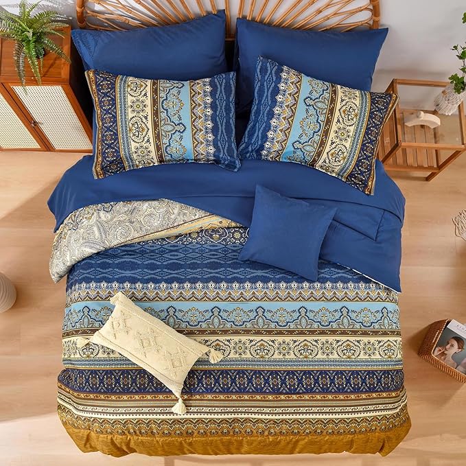 Cottolester Boho Comforter Set Full Size 8 Pieces,Brown Blue Bohemian Comforter Paisley Striped Bed in A Bag,Soft Microfiber Bedding Set for All Season