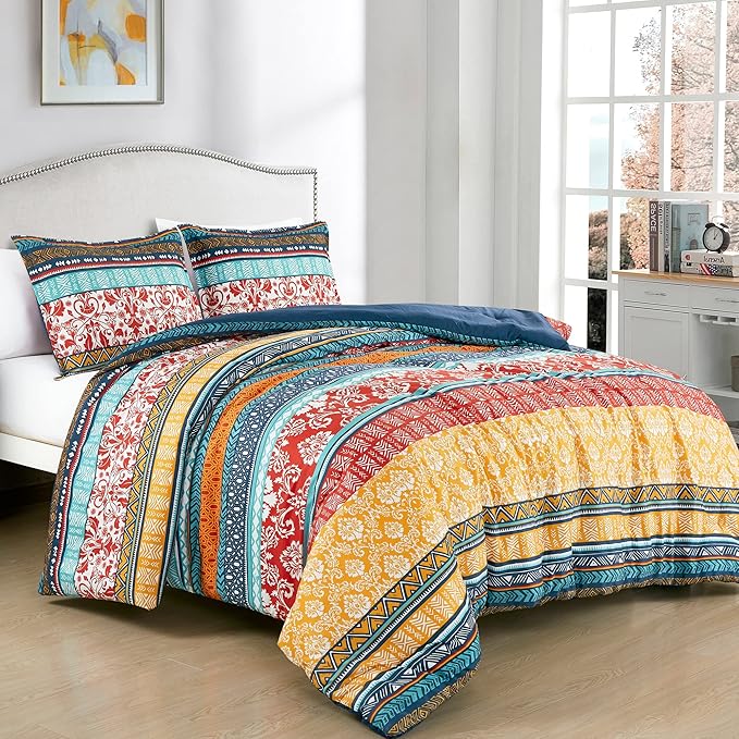 Chezmoi Collection Amara 3-Piece Boho Stripe Queen Comforter Set - Floral Colorful Bohemian Printed Microfiber Lightweight Bedding Set