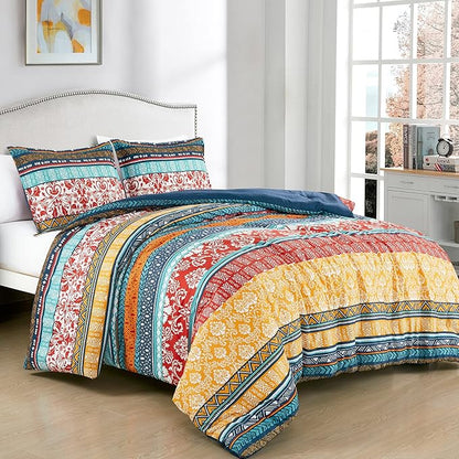Chezmoi Collection Amara 2-Piece Boho Stripe Twin Comforter Set - Floral Colorful Bohemian Printed Microfiber Lightweight Bedding Set