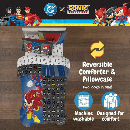 DC x Sonic The Hedgehog Kids Bedding Set, Full Size, 5-Piece Super Soft Cozy Reversible Comforter & Sheet Set (Officially Licensed Product) by Franco | Durable, Reversible, Officially Licensed
