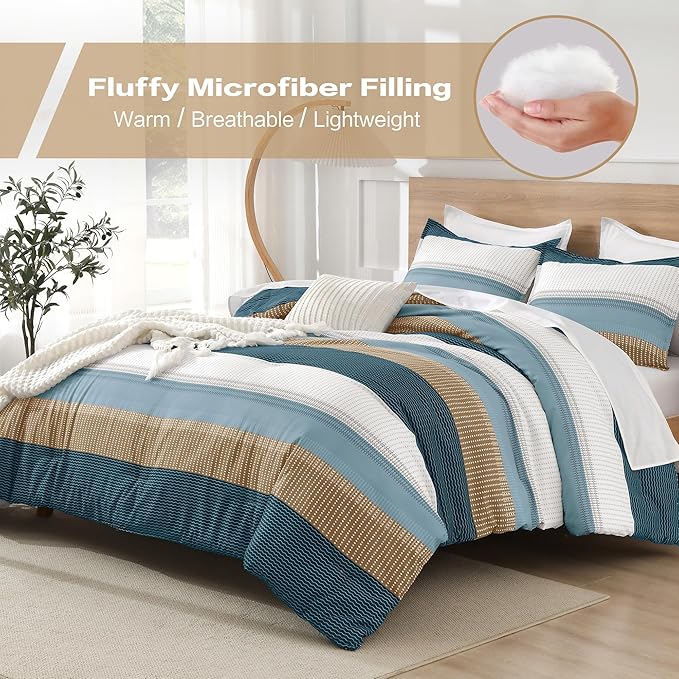 Litanika Comforter Set Queen Size Green Yellow - 3 Pieces Lightweight Colorblock Stripe Fluffy Bedding Comforter Sets, All Season Bed Set