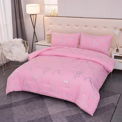 MWMWMW Pink Comforter Set Queen, Marbling Silver Glitter Bedding Set, 3Pcs Pink Queen Bedding Sets for Girls Women (1 Comforter, 2 Pillowcases)