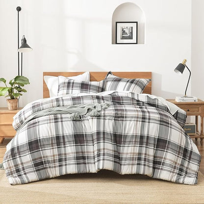 Andency Gray Brown Black Plaid Comforter Set Twin(66x90 Inch), 2 Pieces Grid Gingham Stripes Bedding Comforter Sets for Boys Girls Kids Teens, Preppy Geometric Line Soft Lightweight Reversible Bed Set