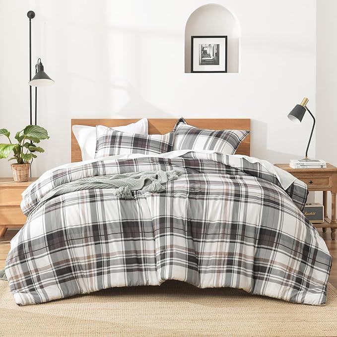 Andency Gray Brown Black Plaid Comforter Set Queen(90x90Inch), 3 Pieces Grid Gingham Stripes Bedding Comforter Sets for Boys Girls Kids Teens, Preppy Geometric Line Soft Lightweight Reversible Bed Set