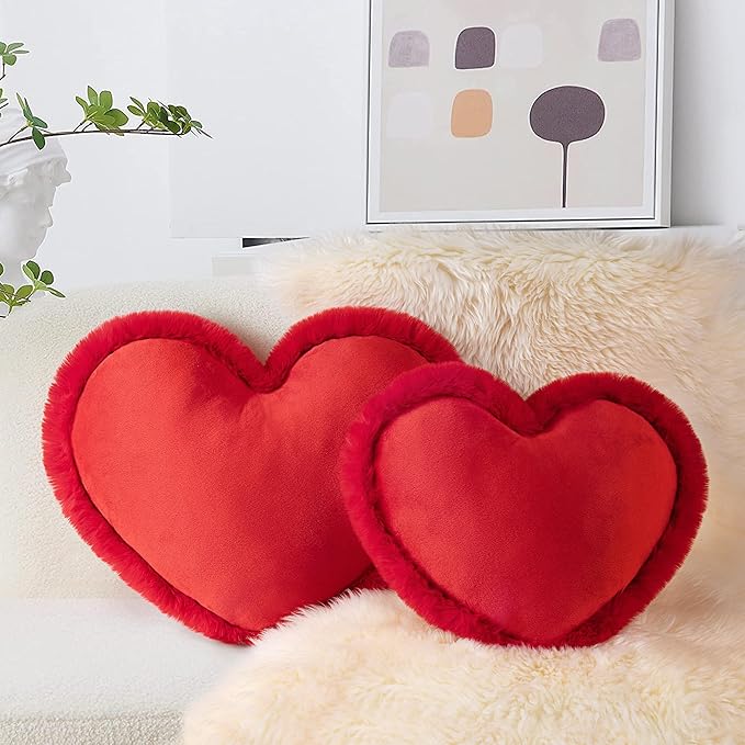AELS Heart Shaped Pillow, Set of 2, Heart Decorative Throw Pillows, Soft Velvet Love Pillows with Faux Fur Fringe, 20 & 16 Inches, Cute Valentines Day Decorations, Wedding Decor, Red