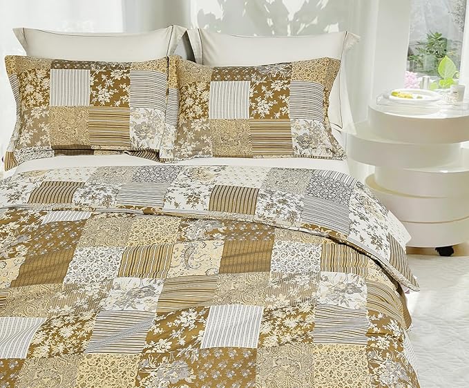 SLEEPBELLA Washed Double Layer Muslin 100% Cotton Comforter Set Queen Size, Boho Yellow Patchwork Fluffy Thick Checked Bedding Set, Soft Breathable (1 Comforter, 2 Pillow Shams)