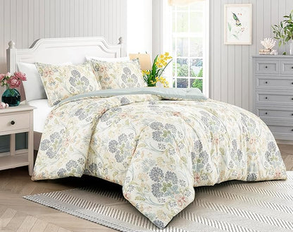 Chezmoi Collection Alyssa 3-Piece Boho Floral Comforter Set, Queen - Floral Medallion Multicolor Blue Green Red Yellow White Printed Microfiber Lightweight Bedding Set