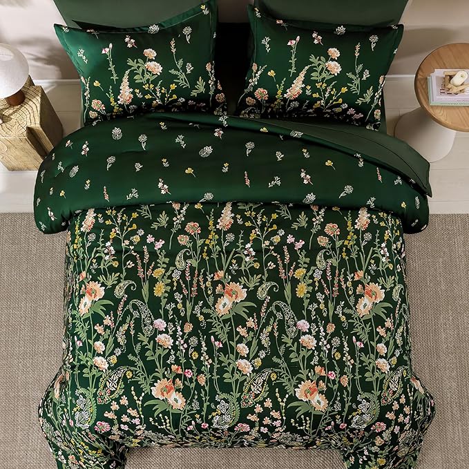 Yiran Dark Green Floral Comforter Set Queen Size, 7 Piece Botanical Flowers Comforter Bedding Set, Bed in a Bag Queen, Soft Microfiber Complete Bedding Set with Sheets for All Season