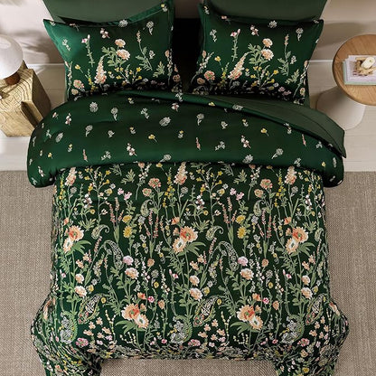 Yiran Dark Green Floral Comforter Set Queen Size, 7 Piece Botanical Flowers Comforter Bedding Set, Bed in a Bag Queen, Soft Microfiber Complete Bedding Set with Sheets for All Season