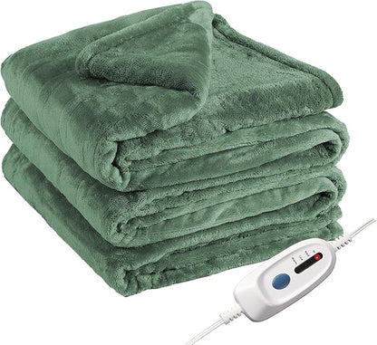 Electric Heated Blanket Queen Size 84"x90", Soft Plush Microplush for Bed, Dual Controllers & Heating Zones, 10Hs Auto Off & 4 Heating Levels, Machine Washable, Gifts for Family-Sage Green