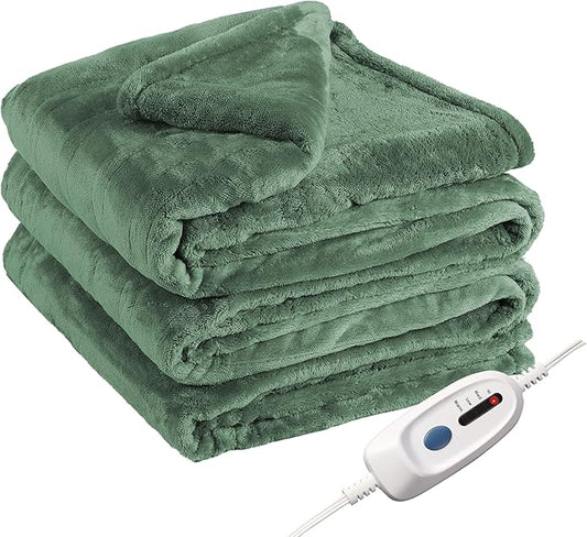 Electric Heated Blanket Queen Size 84"x90", Soft Plush Microplush for Bed, Dual Controllers & Heating Zones, 10Hs Auto Off & 4 Heating Levels, Machine Washable, Gifts for Family-Sage Green