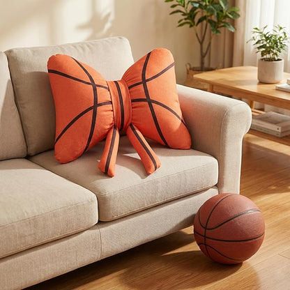Pinkunn Basketball Bow Pillow Plush, 15'' Orange Bow Shaped Throw Pillow, Fluffy Soft Decorative Sports Basketball Cushion Valentines Gift for Women Men Players Sport Enthusiast Home Sofa Couch Decor