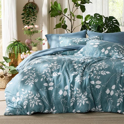 Bedsure Twin Comforter Set - 5 Pieces Floral Mineral Blue Soft Bedding Sets, Twin Bed in a Bag with Botanical Flowers Comforter, Sheets, Pillowcase & Sham