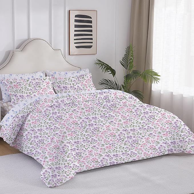 Floral King Comforter Set with Sheets, 7 Piece Luxury Vintage Bedding, Soft Microfiber Bed in a Bag, Cozy Lightweight Bed Set, Purple Flower Green Leaf