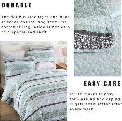Homzard King Size Quilt,Cotton King Size Comforter Set,Mint Green Grey Bedding Set,Striped Bedspread,Lightweight Summer Comforter Sets 3 Piece