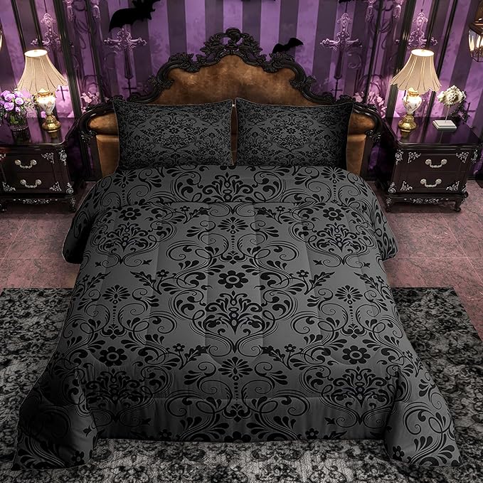 Feelyou Adults Black Vintage Damask Floral Comforter Set Oriental Antique Comforter Full Size Gothic Bohemia Boho Flower Bedding Set Bohemian Exotic Duvet Set Quilt Set 3Pcs