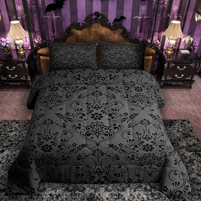 Feelyou Adults Black Vintage Damask Floral Comforter Set Oriental Antique Comforter Queen Size Gothic Bohemia Boho Flower Bedding Set Bohemian Exotic Duvet Set Quilt Set 3Pcs
