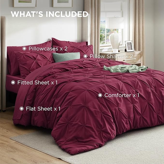 Bedsure King Size Comforter Set Burgundy - Bed in a Bag Bedding Set 7 Pieces, GentleSoft™ Pintuck Bed Set Gift for Family, Pinch Pleat Burgundy Comforter with Sheets, Pillowcases & Shams