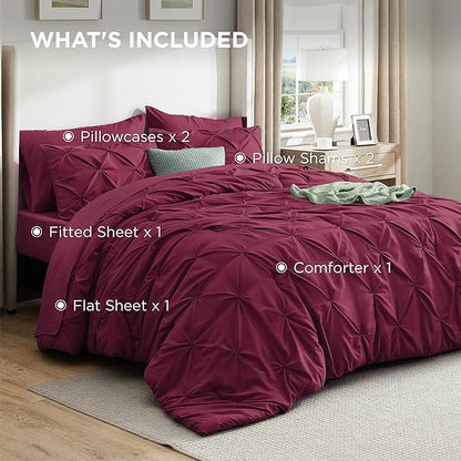 Bedsure King Size Comforter Set Burgundy - Bed in a Bag Bedding Set 7 Pieces, GentleSoft™ Pintuck Bed Set Gift for Family, Pinch Pleat Burgundy Comforter with Sheets, Pillowcases & Shams