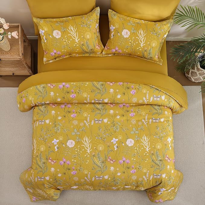 Yiran King Size Comforter Set, 7 Pieces Yellow Floral Soft Bedding Sets, King Bed in a Bag Botanical Flowers All Season Comforter, Sheets, Pillowcases & Shams