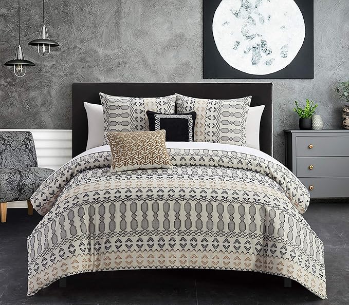 Chic Home Gabriella 5 Piece Cotton Comforter Set Farmhouse Theme Geometric Striped Pattern Design Bedding, Queen, Beige